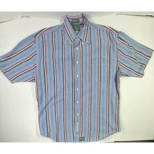 Baxter Brand M Indigo Chambray Striped Shirt Blue Red Cotton Short Sleeve VTG